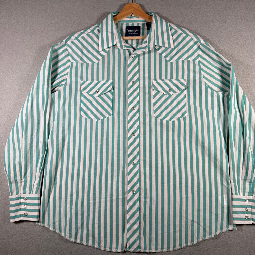 Wrangler Mens XL Teal White Orange Striped Pearl Snap Western Shirt 130273